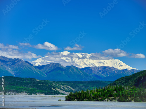 Snow covered mountains of the Wrangell-St Elias mountain range as the background to the Copper River near Chitina Alaska