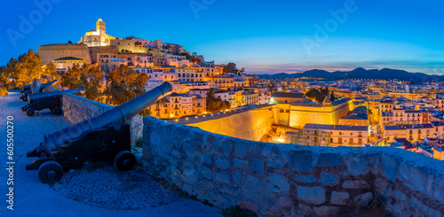 View of Bastion, cannons, ramparts, Cathedral and Dalt Vila old town at dusk, UNESCO World Heritage Site, Ibiza Town, Balearic Islands, Spain, Mediterranean, Europe photo