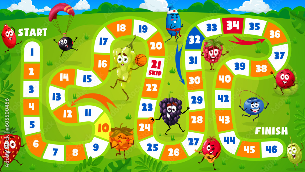 Obraz premium Kids board game cartoon berry characters on summer party. Vector worksheet with rosehip, black currant, strawberry, grape, clouberry and cranberry, blackberry, honeyberry, blueberry or raspberry