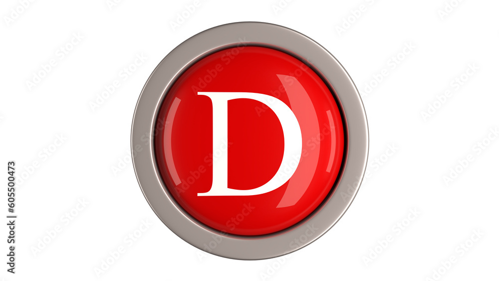 Fototapeta premium Red Button 3d with letter D white color on top, 3d button PNG isolated white background