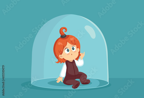 Toddler Child Sitting Under a Dome by Overprotective Parents Vector Cartoon. Little girl being shielded from the outside dangerous world 
