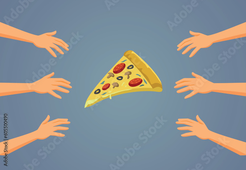 Hungry People Craving for the Last Pizza Slice Vector Cartoon. Family sharing one dish fighting over the last piece of food
