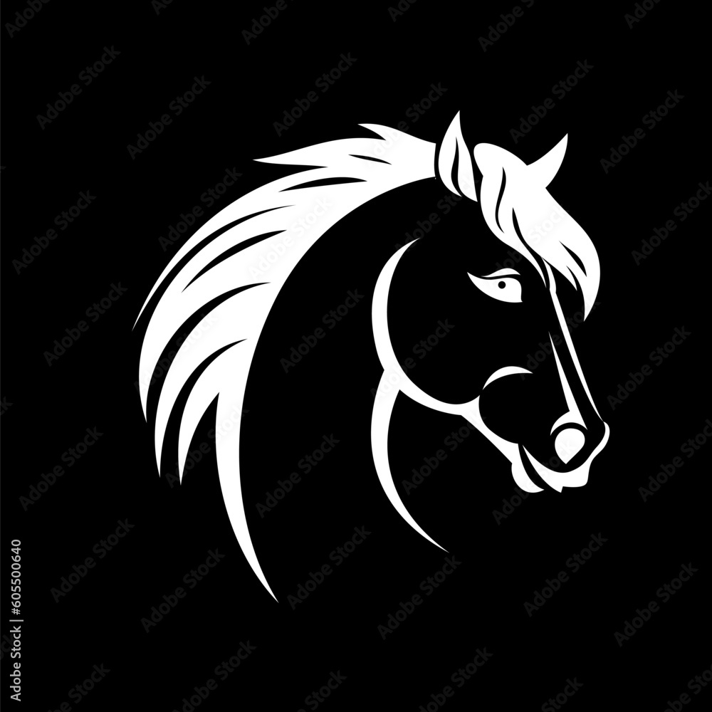 This logo template features a stylized black and white horse head on a black background. Its perfect for creating an iconic logo for your business