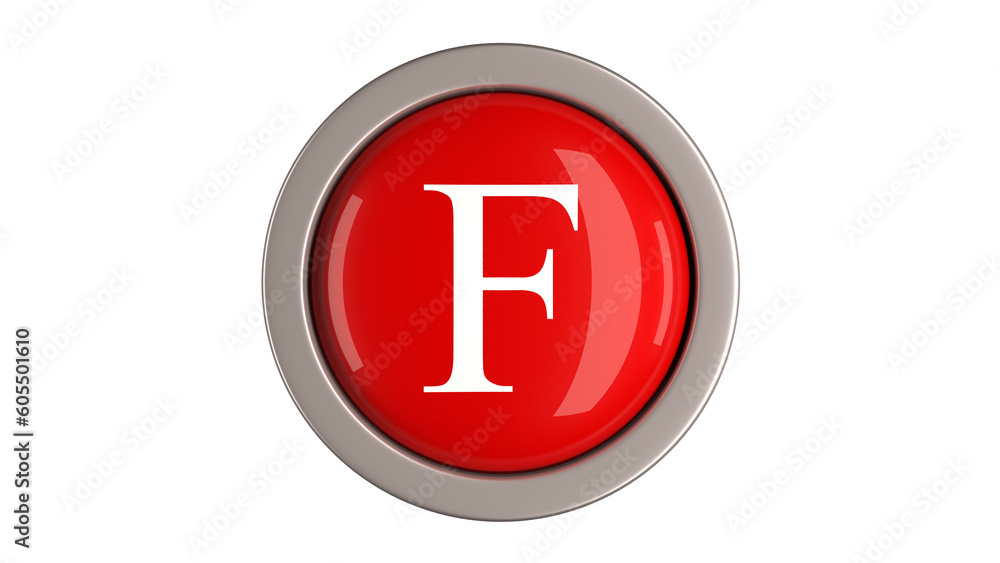 Red Button 3d with letter F white color on top, 3d button PNG isolated white background Red Button 3d with letter F white color on top, 3d button PNG isolated white background