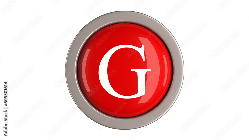 Red Button 3d with letter G white color on top, 3d button PNG isolated white background Red Button 3d with letter G white color on top, 3d button PNG isolated white background