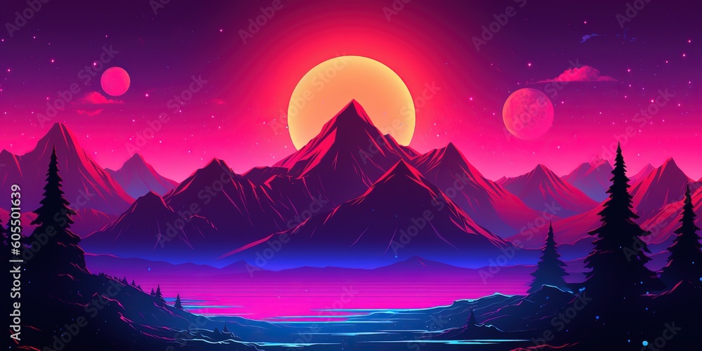 Aesthetic mountain synthwave retrowave wallpaper with a cool and vibrant neon design, Generative AI