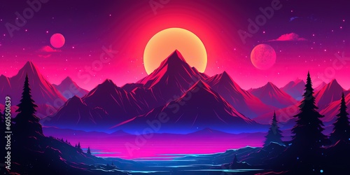 Aesthetic mountain synthwave retrowave wallpaper with a cool and vibrant neon design  Generative AI