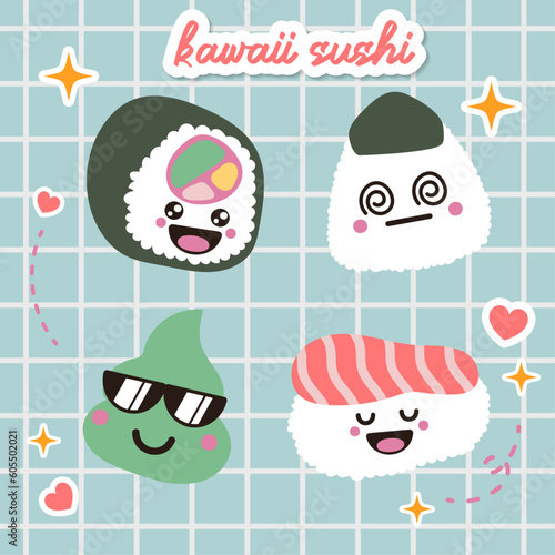 kawaii sushi and rolls vector in japan anime manga style with cute smiling face pink cheeks. Japanese traditional cuisine dishes. Chopstick, nigiri, tamago, uramaki, futomaki, wasabi flat illustration