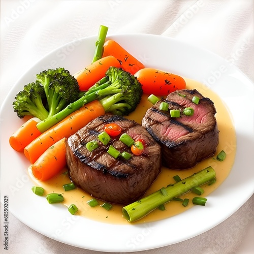 Succulent filet mignon perfectly grilled, served with fresh and colorful vegetables photo