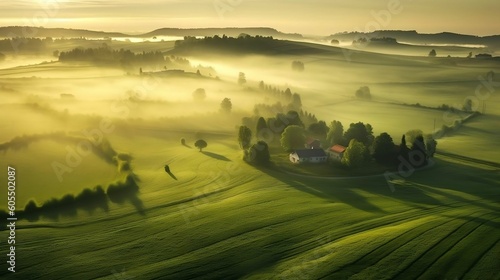 Wonderful foggy green field at sunrise, view from above, Europe generative ai variation 6