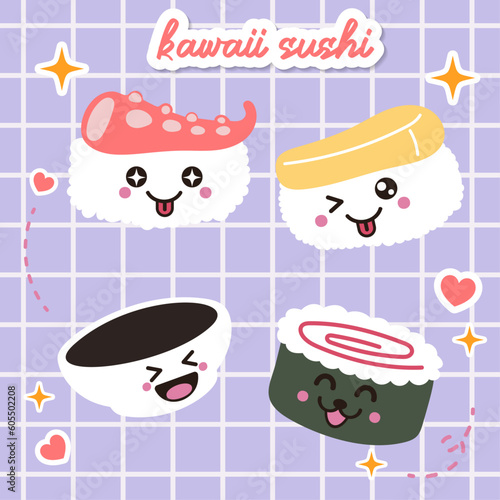 kawaii sushi and rolls vector in japan anime manga style with cute smiling face pink cheeks. Japanese traditional cuisine dishes. Chopstick, nigiri, tamago, uramaki, futomaki, wasabi flat illustration