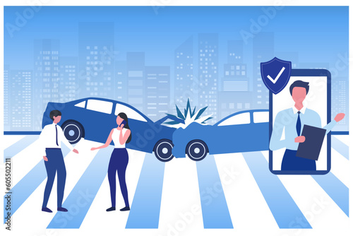 Car accident insurance concept. Two cars crashed  and drivers calling to  agent for insurance claim vector illustration.
