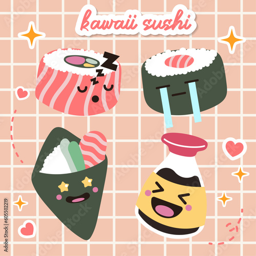 kawaii sushi and rolls vector in japan anime manga style with cute smiling face pink cheeks. Japanese traditional cuisine dishes. Chopstick, nigiri, tamago, uramaki, futomaki, wasabi flat illustration
