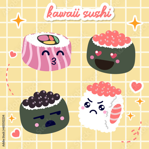 kawaii sushi and rolls vector in japan anime manga style with cute smiling face pink cheeks. Japanese traditional cuisine dishes. Chopstick, nigiri, tamago, uramaki, futomaki, wasabi flat illustration