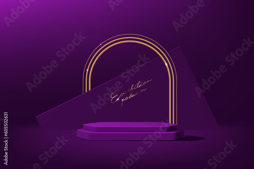 Violet podium with golden arch, product display or showcase stand mockup, vector background. Premium product podium pedestal with golden glitter and glow arch, purple showroom or promotion display