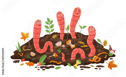 Cartoon compost worms in soil, garden earthworms in organic wastes, vector bio garbage. Agriculture farm compost worms in earth spoil, natural nutrient fertilizer for plants and bio waste recycling
