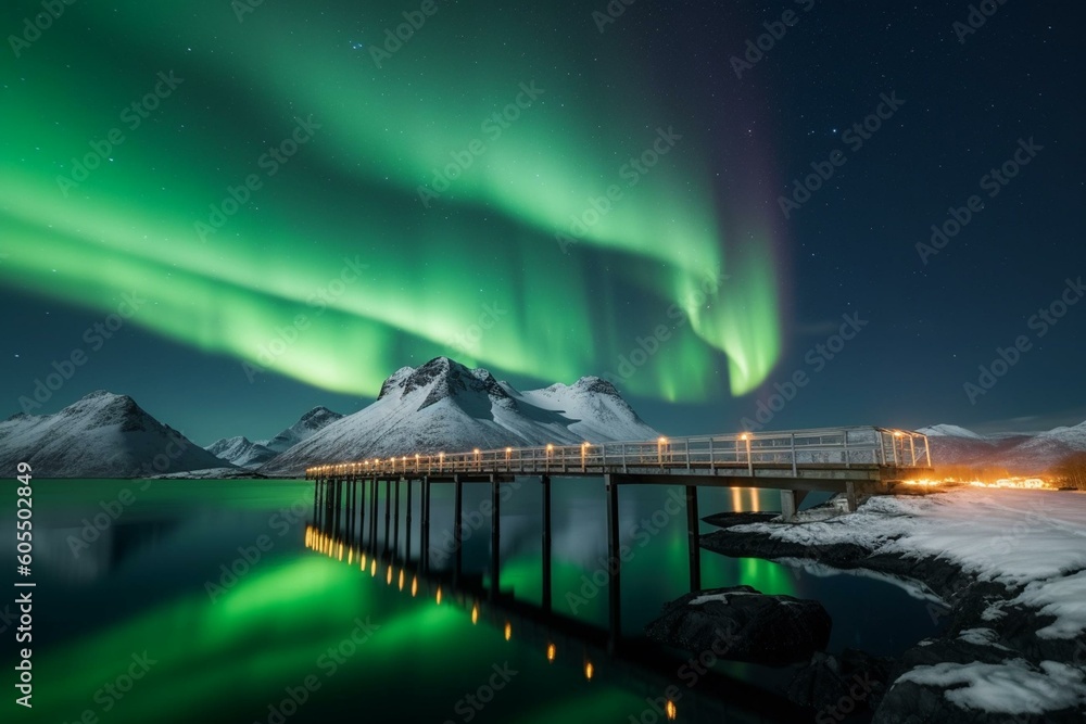 Winter wonderland with bridge and aurora borealis over snowy mountains, starry sky, reflection in water, sea, city illumination. Generative AI