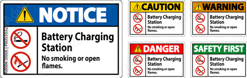 Caution Sign Battery Charging Station, No Smoking Or Open Flames