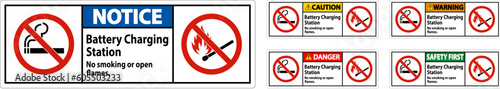 Caution Sign Battery Charging Station, No Smoking Or Open Flames