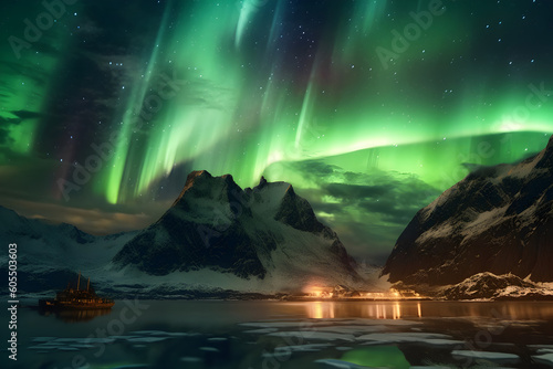 Aurora Borealis Northern Lights Mountain Glowing Night Sky Lake Reflection Landscape © sam