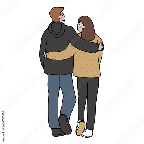 Couple hugging cartoon vector illustration minimal line art style