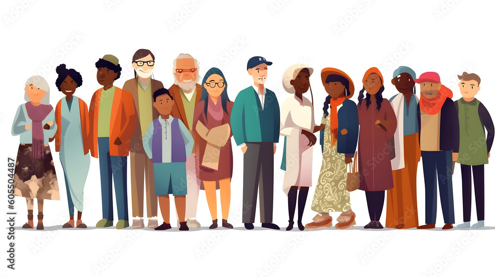Obraz premium Cartoon Multiracial Multicultural Community Standing Together