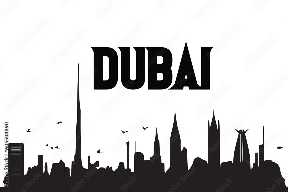 Black silhouette of a Dubai city on a white background.