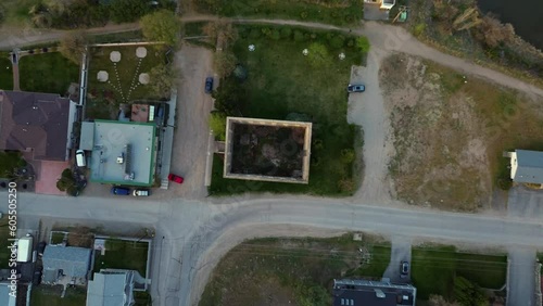 Drone Footage  of an abandoned building, filmed near Kaleden in the Okanagan Valley in British Columbia, Canada in the spring of 2023 photo