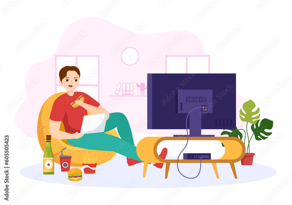 Bad Habit Vector Illustration with Unhealthy Lifestyle like Eating Fast Food or Alcohol Bottle in Flat Cartoon Hand Drawn Landing Page Templates