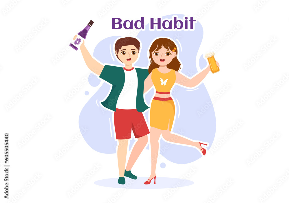 Bad Habit Vector Illustration with Unhealthy Lifestyle like Eating Fast Food or Alcohol Bottle in Flat Cartoon Hand Drawn Landing Page Templates