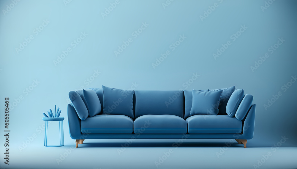 Naklejka premium 3D illustration, Cosiness, social media and sale concept, wallpaper, Modern minimalistic living room interior detail. Soft blue sofa on blue, background2.png