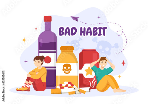 Bad Habit Vector Illustration with Unhealthy Lifestyle like Eating Fast Food or Alcohol Bottle in Flat Cartoon Hand Drawn Landing Page Templates