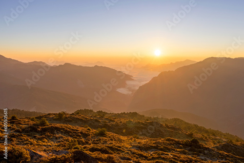 Beautiful sunrise of Hehuanshan North Peak Trail at Hehuanshan National Forest Recreation Area in Nantou Taiwan, photo