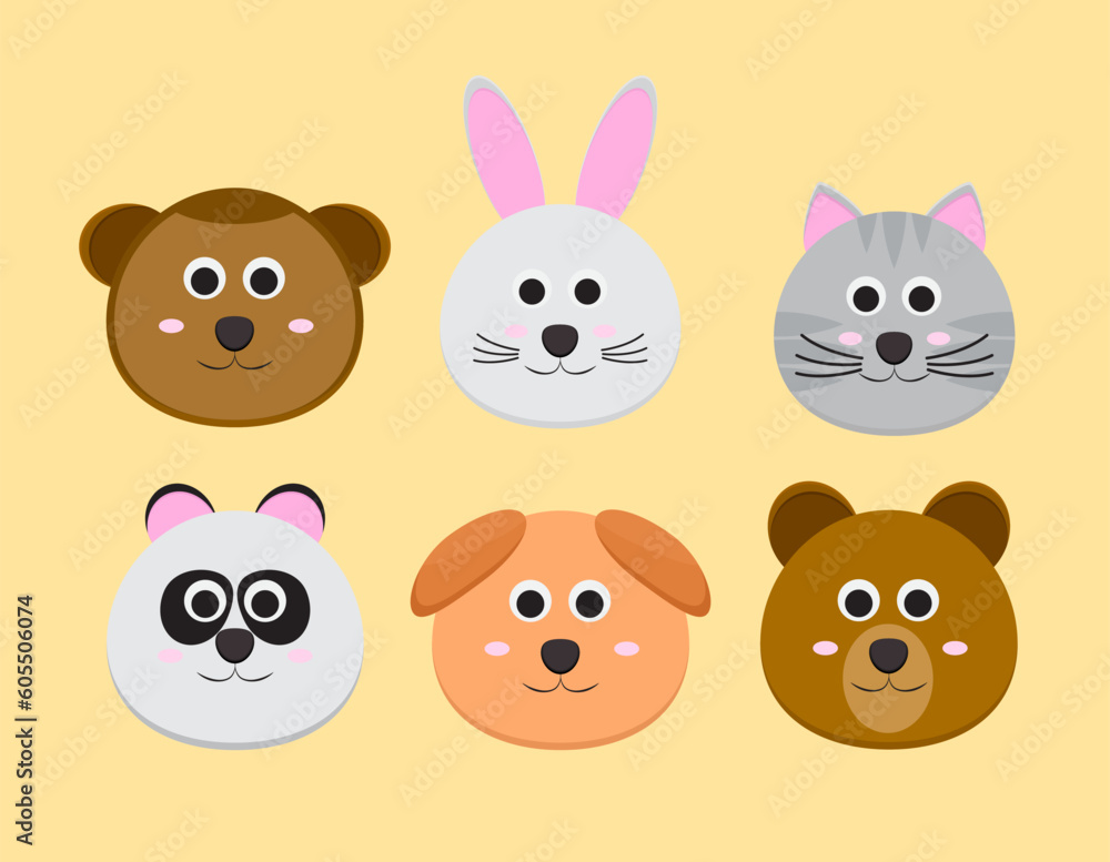 Cute cartoon animals round shape. monkey, rabbit, cat, panda, dog, bear.