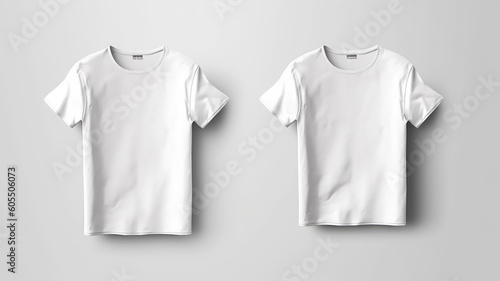 Hanging men's white blank T-shirt template,from two sides, natural shape on invisible mannequin, for your design mockup for print, isolated on white background. Generative AI