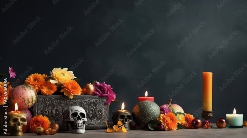 Day of the Dead concept design of skulls, candles and flowers for banner background