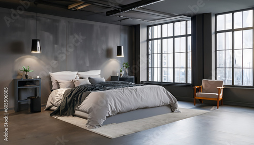 interior,luxury studio apartment in a loft style in dark colors,wallpaper, trendy gray minimalistic interior, background, king-size bed, Dark loft master bedroom with large windows., Ai generated © Hina