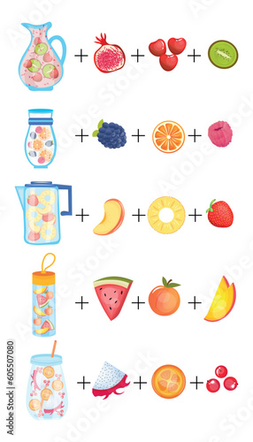 Different infused water and ingredients on white background