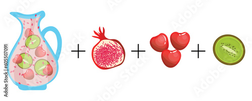 Jug of infused water and ingredients on white background