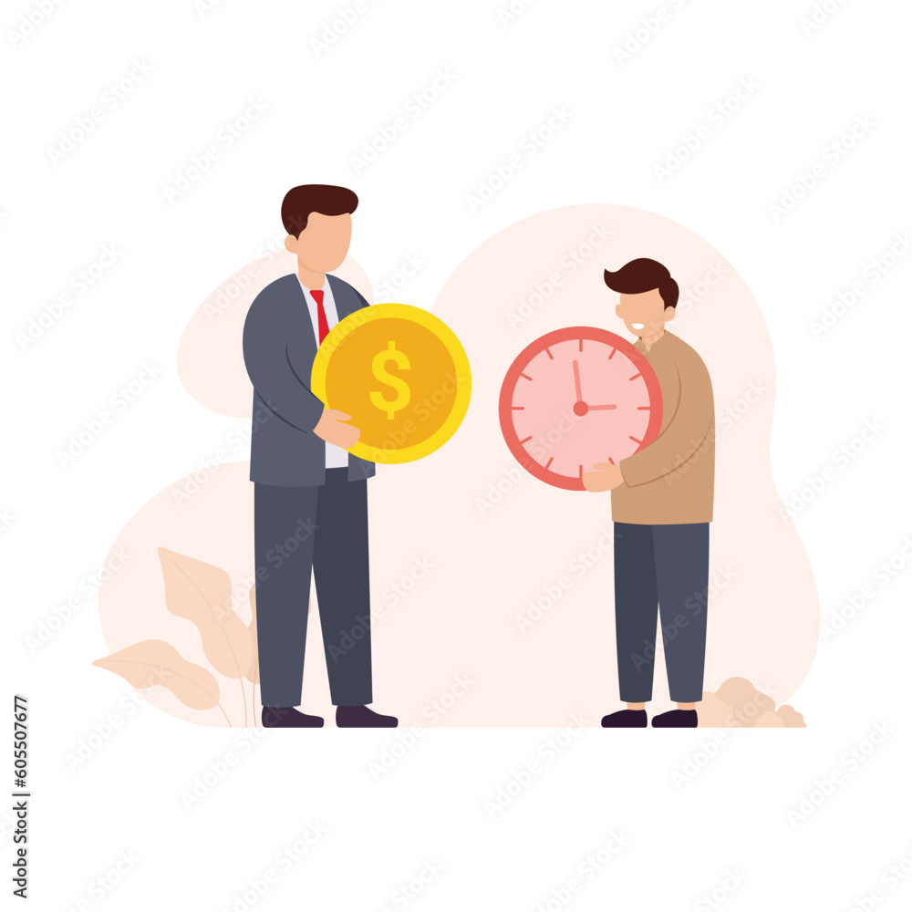 Man holding dollar coin to pay for job. Concept of exchanging time for money and getting salary for work vector illustration