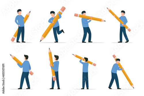 Man holding big pencil. Cute funny isolated character. Drawing, writing, creating, design, blogging concept vector illustration