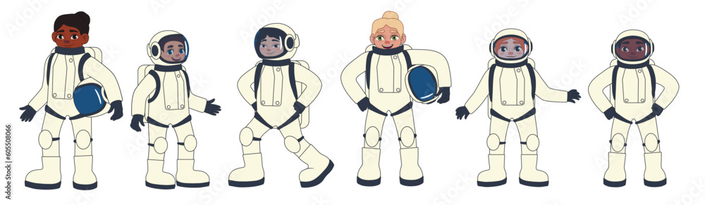 Set of astronauts in space suits on white background