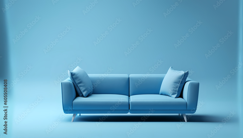 background, Modern minimalistic living room interior detail. Cosiness, social media and sale concept, 3D illustration, wallpaper, Soft blue sofa on blue2., AI generated