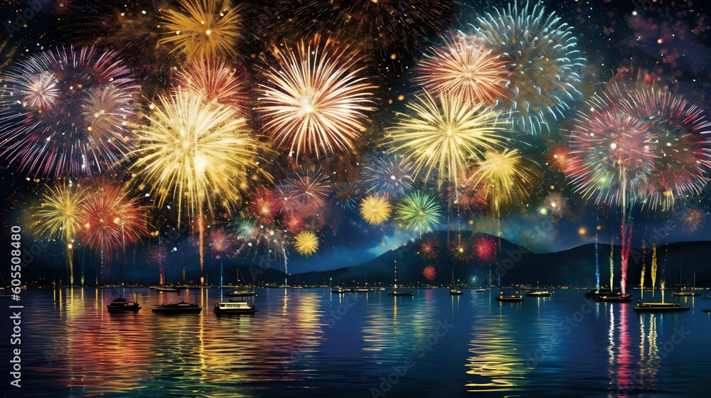 Fototapeta premium 夜空に舞う花火の魔法 No.017 | The Enchanting Magic of Dancing Fireworks Generative AI