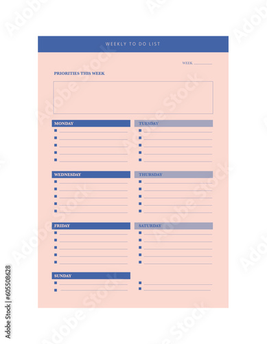 (Fashion) Weekly Planner template. Minimalist planner template set. Vector illustration.	