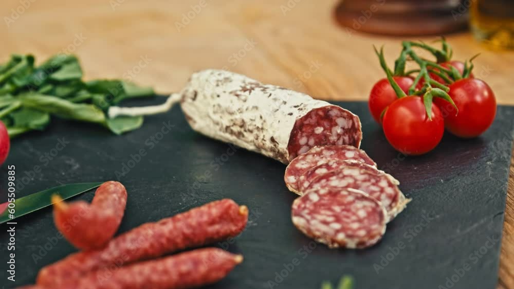 Close shot of a charming garden table showcasing a delicious spread of sliced italian salami with decorations. Perfect for food-related marketing campaigns and enticing culinary promotions Close shot of a charming garden table showcasing a delicious spread of sliced italian salami with decorations. Perfect for food-related marketing campaigns and enticing culinary promotions