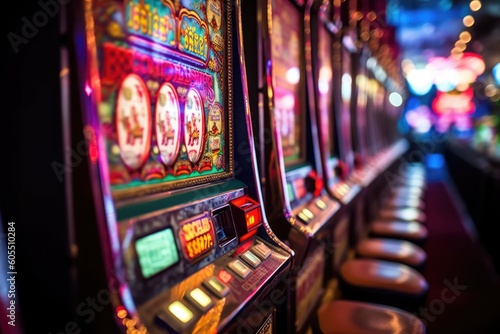 Slot machines in a casino in a close-up shot, macro shot -  made with Generative AI tools