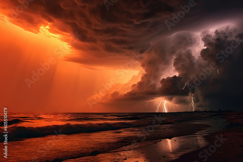 lightning storm on the beach at golden hour