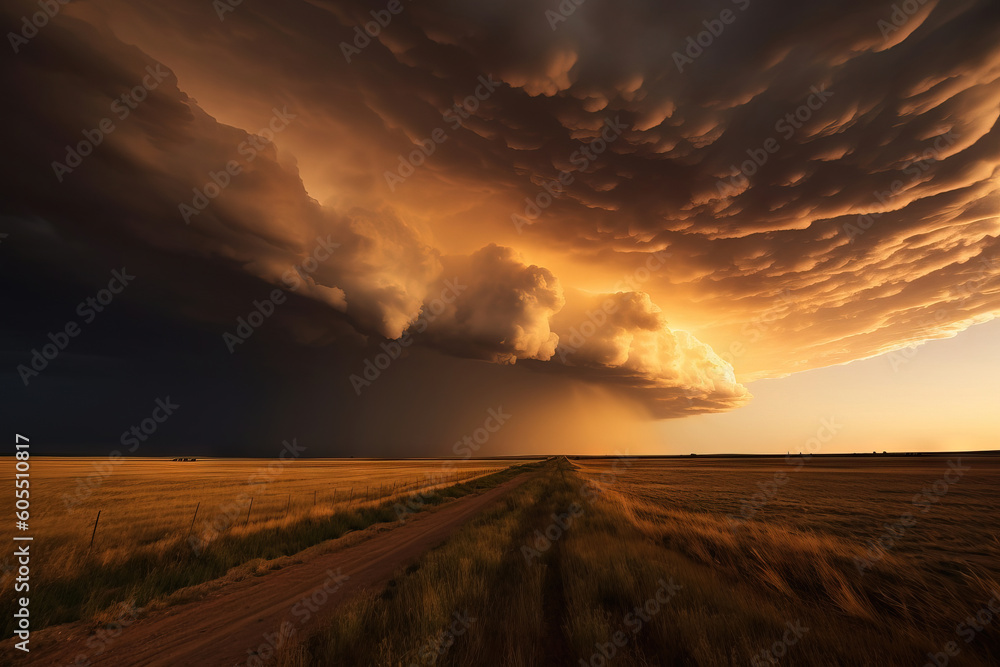 storm at sunset on the countryside