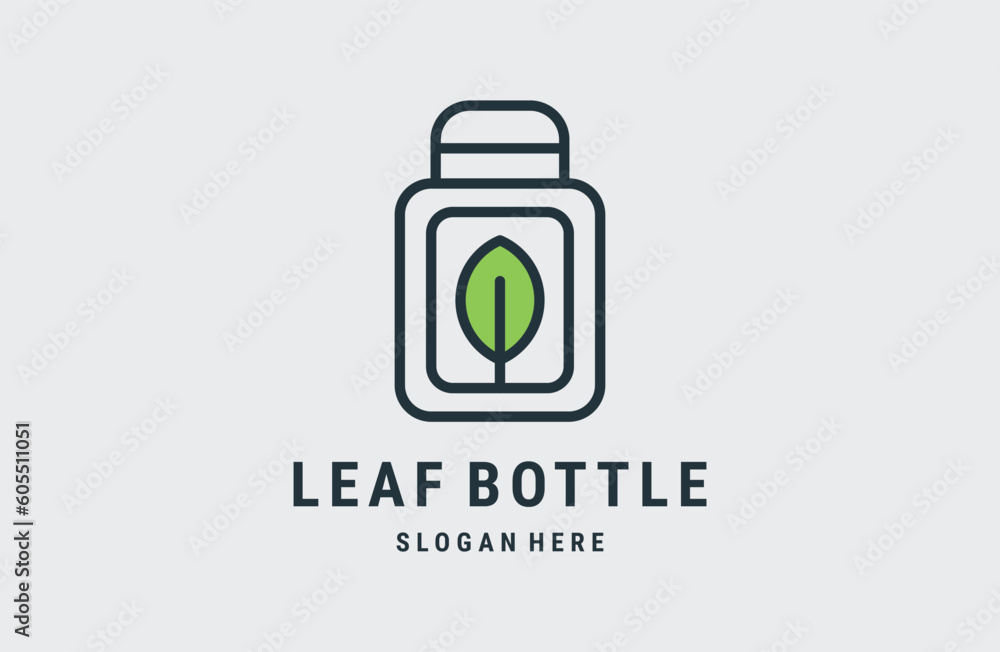 Bottle with leaf and organic nature fresh drink line art outline logo icon . Bottle with leaf and organic nature fresh drink line art outline logo icon .